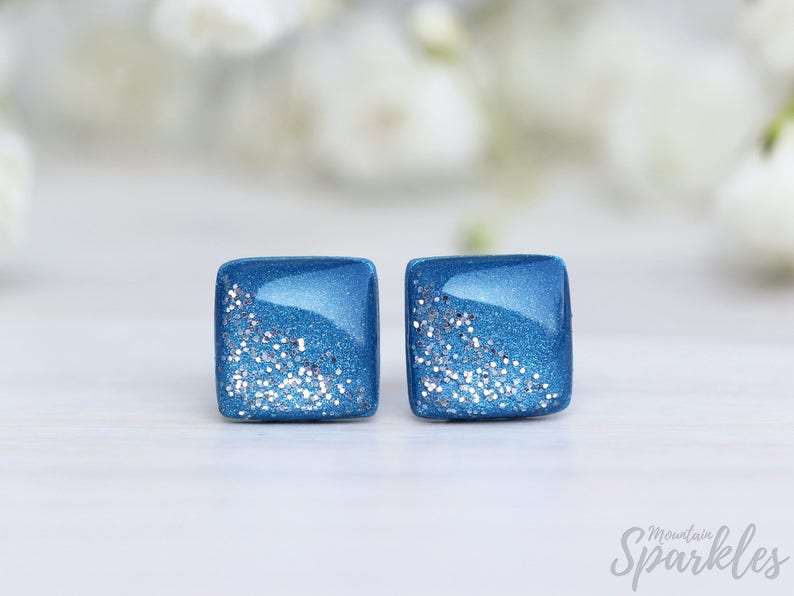 Denim blue earrings, Blue jeans earrings, Navy blue studs, Titanium earrings, Glitter earrings, Girls earrings, Gift women, Square earrings image 2