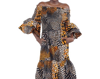 Ankara Midi Frill Neck Smoked Dress | Ankara Midi Dress | Traditional Kente Midi Dress |African Dress For Ladies | Free Size