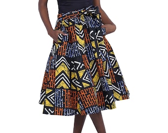 African Kente Wax Mid Length Skirt with Head Wrap, Kente Midi Skirt, Kente, Ankara Print Midi Skirt