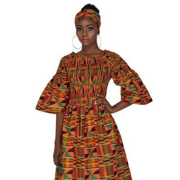 Traditional Kente Long Maxi Smoked Dress - African Dress, Ankara Dress One Size