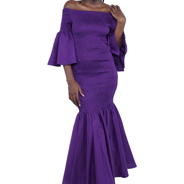 Women's Long Maxi Purple Dress | Cotton Clothing Smoked Fish Tail Mermaid With Matching Headwrap, Elastic Bodice  Dress