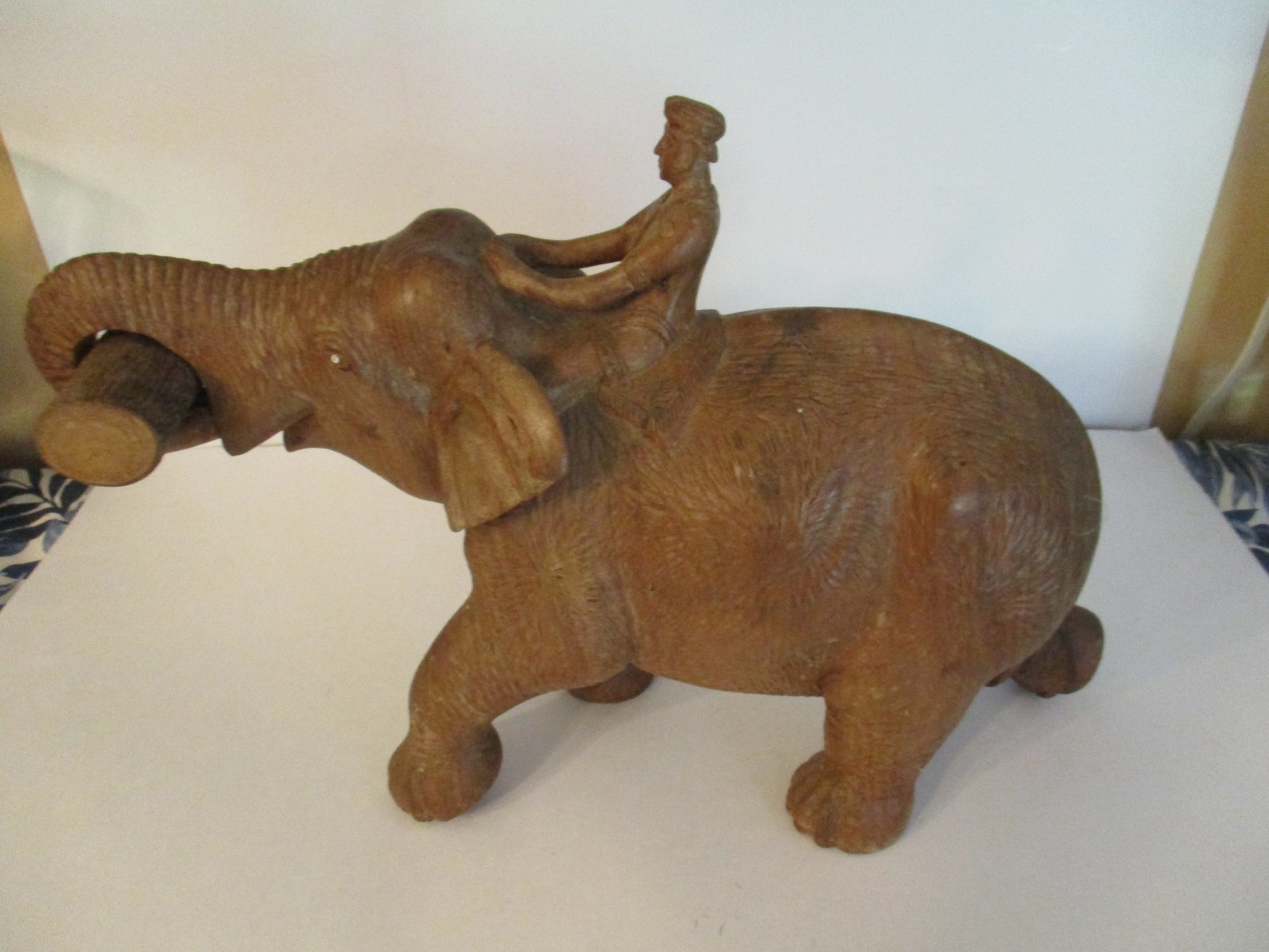 Large Carved Wood Wooden Elephant With Rider Carrying Log Etsy UK