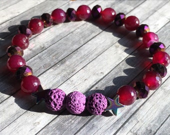 Aromatherapy diffuser bracelet, magenta agate, purple electroplated rondelles, rainbow hemalyte stars, lava stone beads, use essential oils