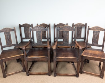 Set of 8 Carved Oak Vintage Antique Gothic Celtic Style Dining Chairs & Carvers