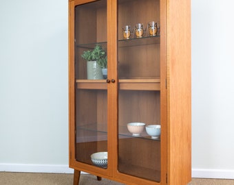 Refinished Vintage Mid Century Teak G-Plan Glazed Bookcase Display Drink Cabinet