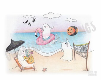 Ghoul Summer, Stampa artistica di fantasmi, Fantasmi estivi, Arte spettrale, Decorazioni spettrali per la casa, Stampa 8x10, Fantasmi in spiaggia