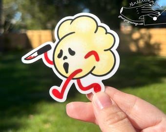Vinyl Sticker: killer popcorn, popcorn sticker, horror movie popcorn