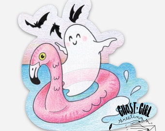 Vinyl Sticker: Flaminghost, Summer ghost, Summerween Sticker, ghost on a flamingo