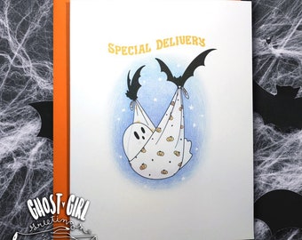 Ghosts For All Occasions: Special Delivery, New baby card, Ghost Card, New arrival ghost, Ghost, Spooky baby shower, spooky parent, spooky