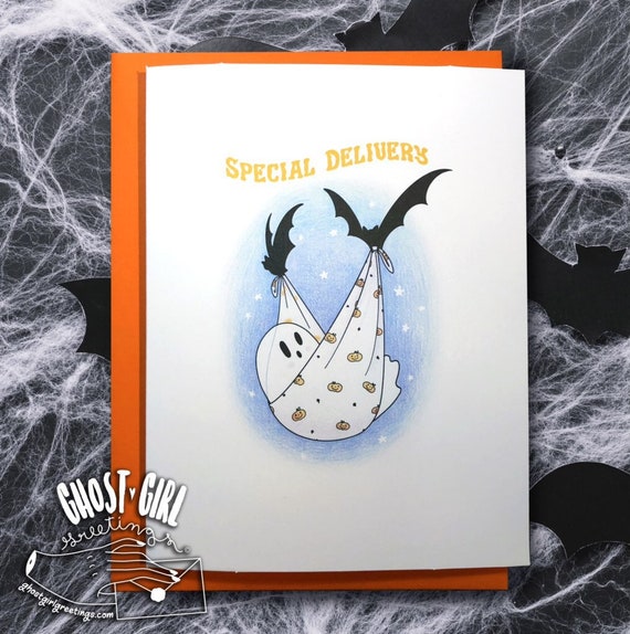 Ghosts For All Occasions: Special Delivery, New baby card, Ghost Card, New arrival ghost, Ghost, Spooky baby shower, spooky parent, spooky