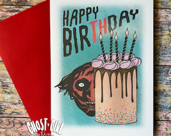 Tarjeta de cumpleaños de terror, feliz cumpleaños desde el más allá, tarjeta de cumpleaños espeluznante