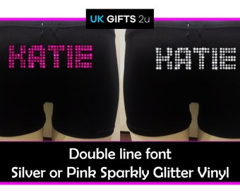 Personalised LYCRA Black Dance Gymnastic Gym Shorts Glitter Text VARIOUS DESIGNS