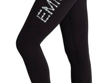 Personalised lycra black dance gymnastic gym leggings silver pink glitter text