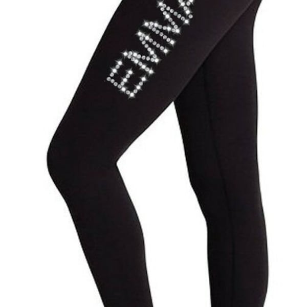 Leggings de gimnasia de baile negro de lycra personalizados con texto en brillo rosa plateado