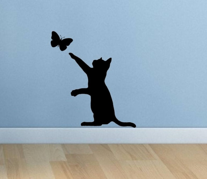 Cat butterfly black silhouette vinyl sticker wall art decal | Etsy
