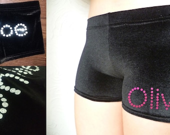 Personalised VELOUR Custom Black Dance Gymnastic Gym Shorts Glitter Text