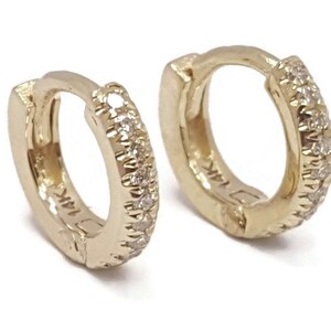 Pave diamonds 14k gold huggie hinged hoop earring cuff, Extra Small size 9mm Outer x 6mm Inner Diameter (Cartilage Helix Tragus Piercings)