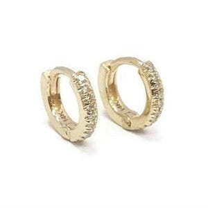 Pave diamonds 14k gold huggie hinged hoop earring cuff, Extra Small size 9mm Outer x 6mm Inner Diameter (Cartilage Helix Tragus Piercings)