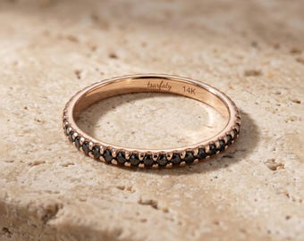 Micro Pave Natural Black Diamond Eternity Ring, 14K Rose Gold Band, Handmade