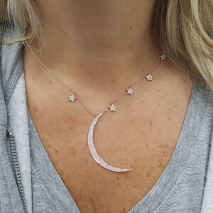 14K rose gold Moon and Stars necklace setting diamonds, jewelry Gold Half Moon Crescent Pendant, jewelry for her valentine&#39;s day gifts