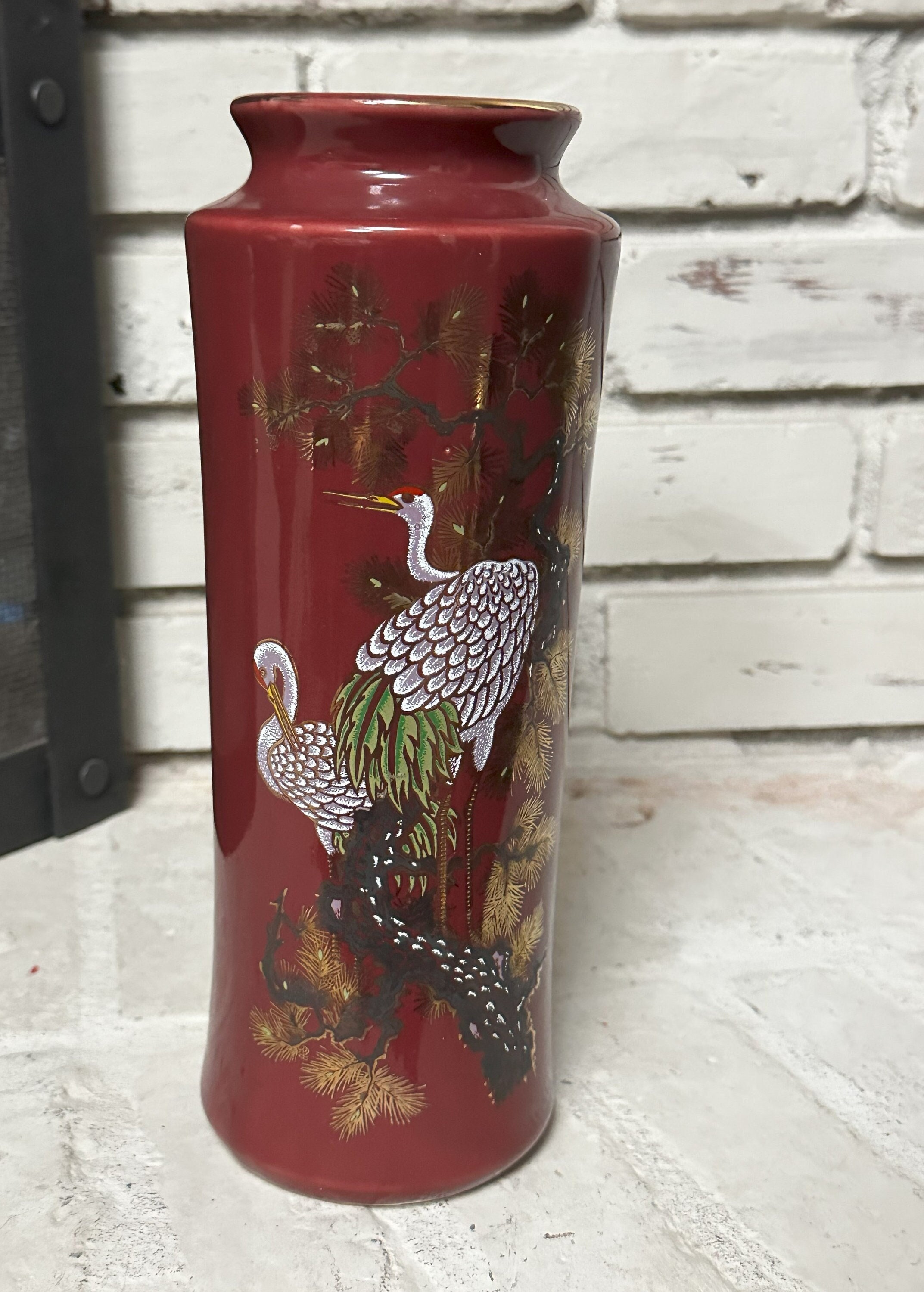 Vintage ARTMARK Japanese Cylinder Vase With Crane Detail Burgundy and Gold Etsy