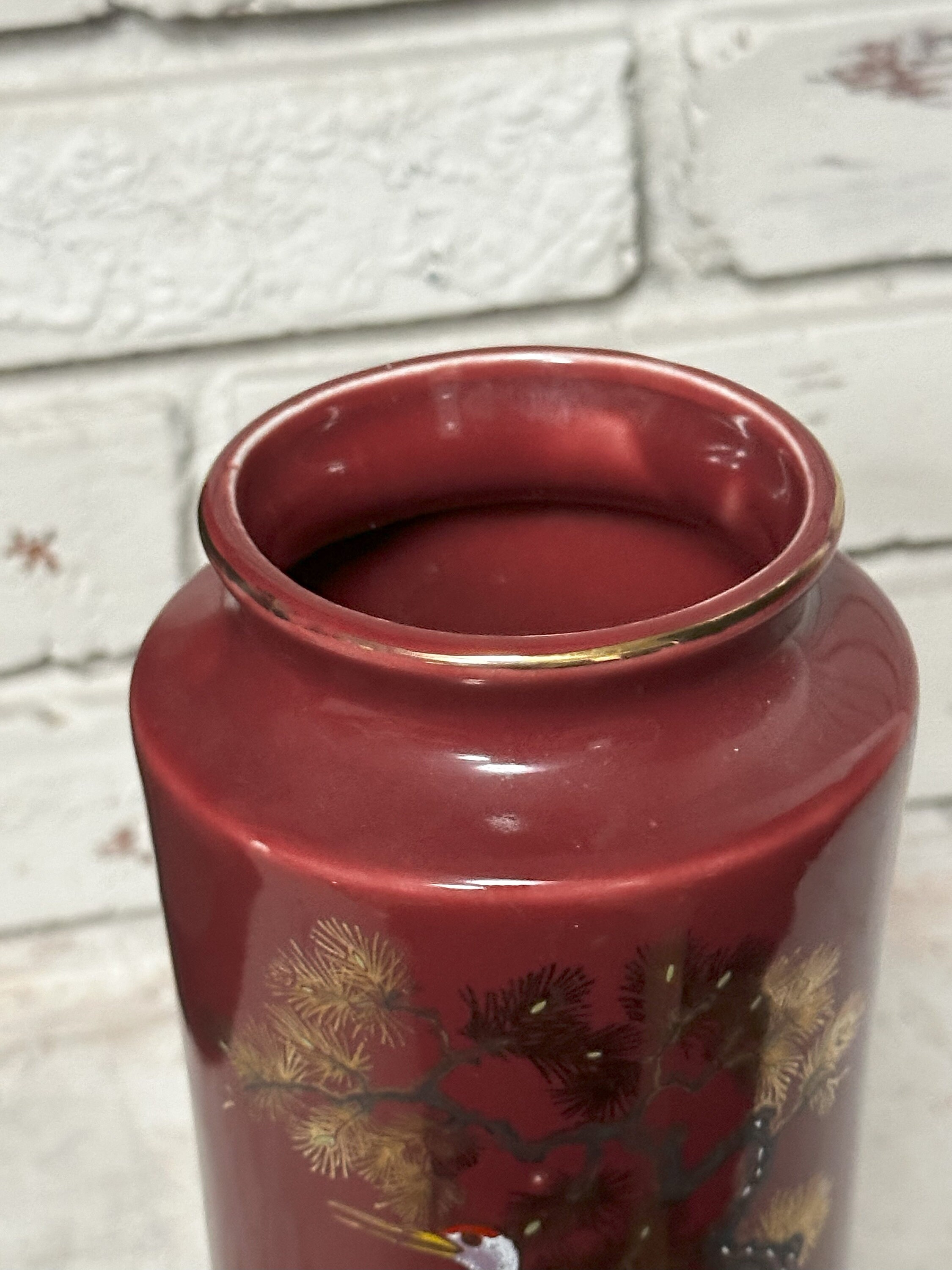 Vintage ARTMARK Japanese Cylinder Vase With Crane Detail Burgundy and Gold Etsy