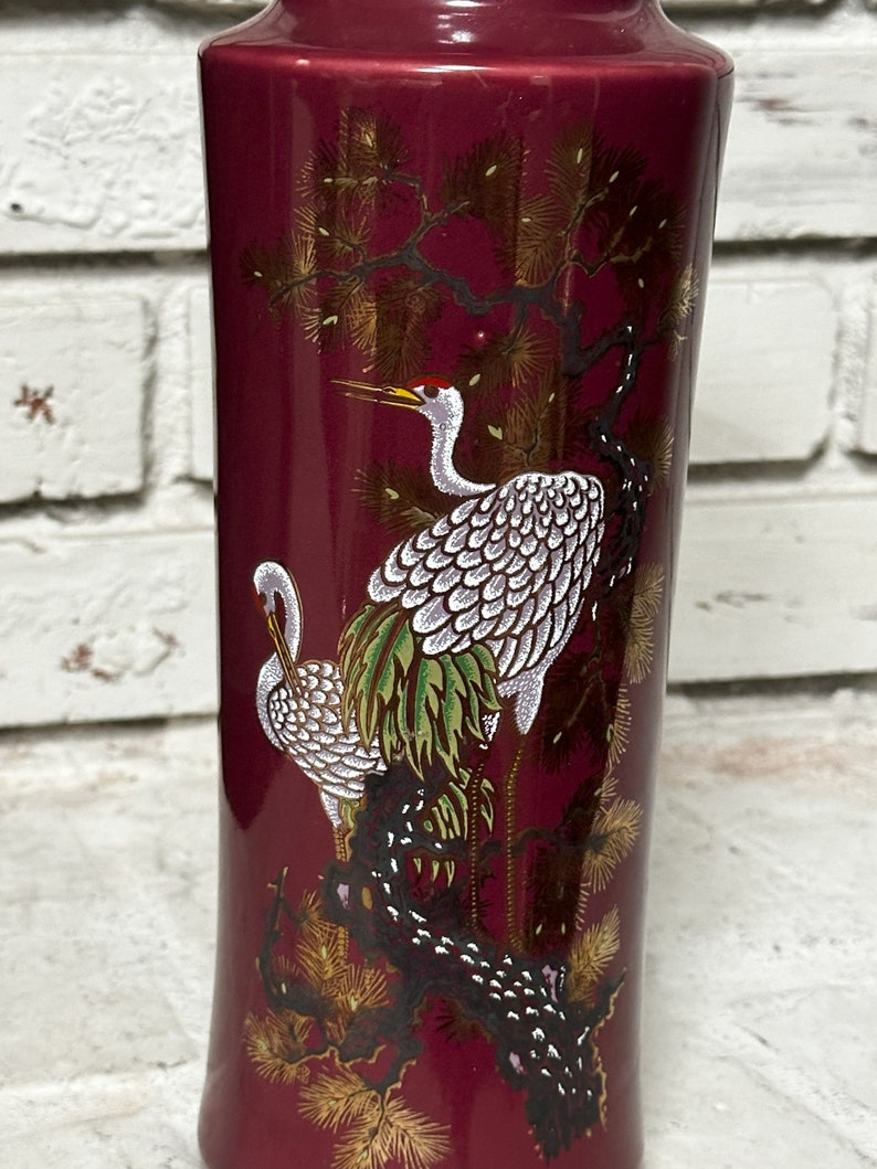 Vintage ARTMARK Japanese Cylinder Vase With Crane Detail Burgundy and Gold Etsy