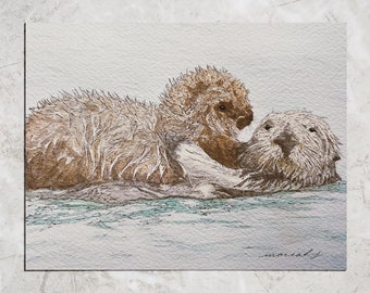 Baby Otter Watercolor Art Print, Nursery Decor