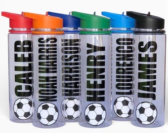 PERSONALISED FOOTBALL BOTTLE - Any Name - Football Kids Flip Straw Water, Drinks Bottle -  Gift for School, Team Party uk