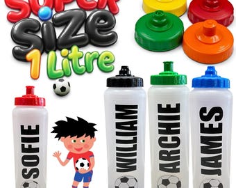 Personalised - Any Name - Kids Leak Free & Push/Pull lid - Clear 1000ml  / 1 Litre Super Size Football Soccer Water / Drinks Bottle