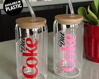 DIET COKE inspired - 16oz  glass or plastic can, jar, cup with bamboo lid glass straw.