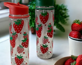 Strawberry Print Design -   Flip Straw Water / Drinks Bottle - Ideal Gift for School, College, Work, Fruit