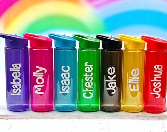 PERSONALISED WATER BOTTLE- Any Name - Kids Flip Straw Water / Drinks Bottle - school, sport, college