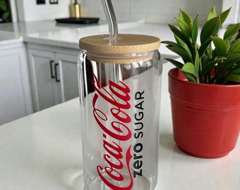 1 x COCA COLA - COKE - zero sugar  inspired - 16oz  glass can, jar, cup with bamboo lid and glass straw