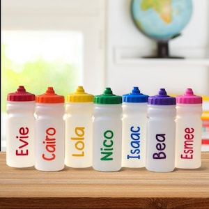 May include: Seven translucent plastic water bottles with colourful screw-top lids and matching text. The bottles are labelled with the names Evie in red, Cairo in orange, Lola in yellow, Nico in green, Isaac in blue, Bea in purple, and Esmee in pink.