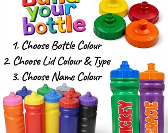 Personalised - Coloured  Any Name - 500ml Water Drinks Bottle - no leaks and push pull designs   - Ideal Gift for School , Nursery, Party