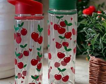 Cherry Print Design -   Flip Straw Water / Drinks Bottle - Ideal Gift for School, College, Work, Fruit