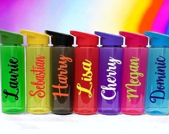 Personalised - Any Name custom  - Kids coloured Flip Straw Water / Drinks Bottle - school, college, days out -
