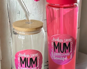 Mum, Mother’s Day Gift - Glass Can Cup with Straw & Matching Water Bottle