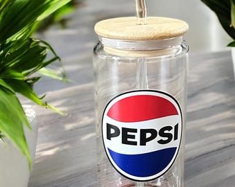 1 x PEPSI MAX inspired - 16oz  glass can, jar, cup with bamboo lid and glass straw