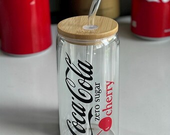 1 x COCA COLA - COKE Cherry - zero sugar  inspired - 16oz  glass can, jar, cup with bamboo lid and glass straw