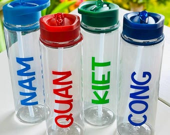 CUSTOM WATER BOTTLE - Any Name - Kids Flip Straw Water / Drinks Bottle - Ideal Gift for School, College, Work
