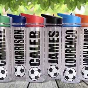 PERSONALISED FOOTBALL BOTTLE - Any Name - Football Kids Flip Straw Water, Drinks Bottle -  Gift for School, Team Party uk