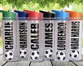 PERSONALISED FOOTBALL BOTTLE - Any Name - Football Kids Flip Straw Water, Drinks Bottle -  Gift for School, Team Party uk