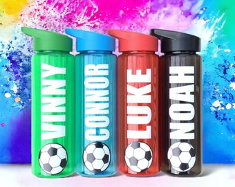 PERSONALISED FOOTBALL BOTTLE -  Boys, Girls,  Kids Flip Straw Water / Drinks Bottle -  Gift for Team, School, Soccer - bpa free 700ml