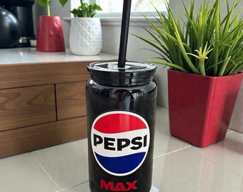 1 x PEPSI MAX inspired - 16oz Black plastic can, jar, cup with plastic lid and  straw