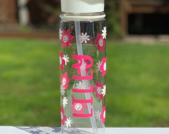 Personalised - Any Name - Flower Smiley  Kids Flip Straw Water / Drinks Bottle - Ideal Gift for School, Girls