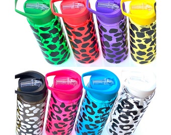 Leopard or Cow print Design- Personalised Kids Flip Straw Water / Drinks Bottle - Ideal Gift for School