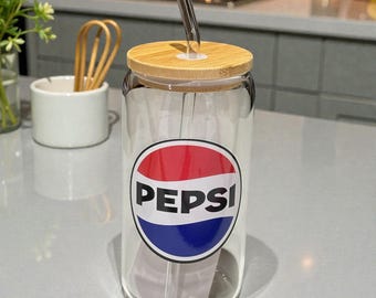 1 x PEPSI inspired - 16oz  glass can, jar, cup with bamboo lid and glass straw