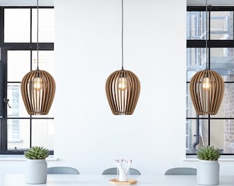 Drop shaped ceiling light made out of wood in Europe, multisize, fixture, dining light, hanging lamp, chandelier, minimalistic, geometric